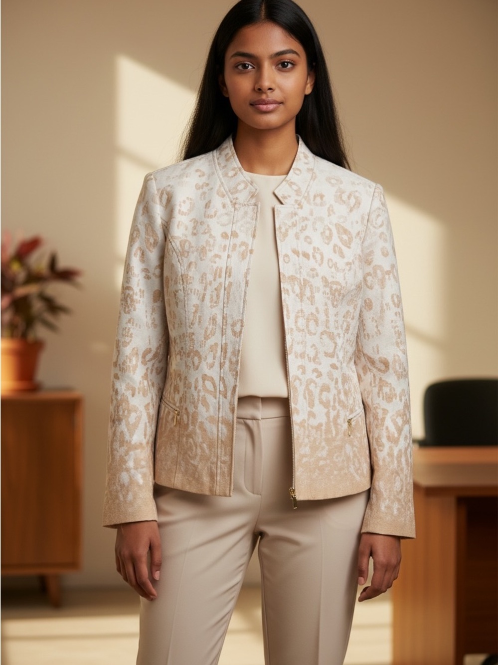Chico's Beige & Cream Animal-Print Zip Jacket